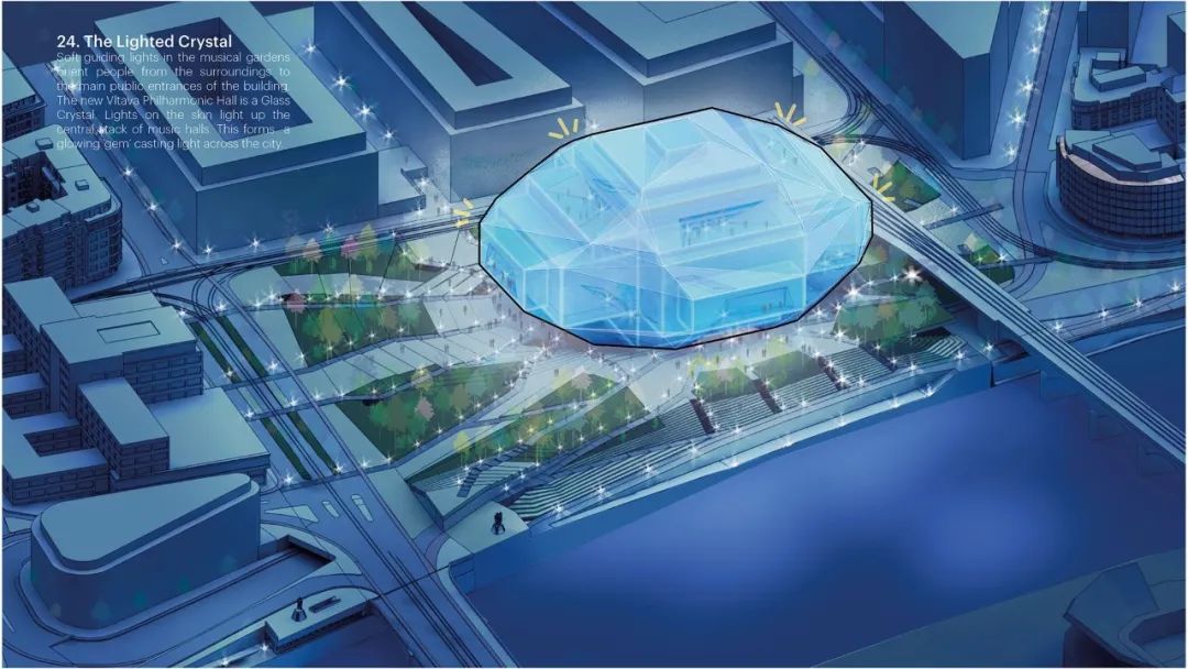 MVRDV伏尔塔瓦爱乐音乐厅建筑竞赛方案揭晓，回收玻璃淬炼"水晶”宝石点亮布拉格
